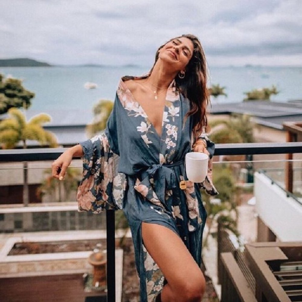 New Boho Floral Kimono Blue Maxi Duster Cardigan - Picture 7 of 8